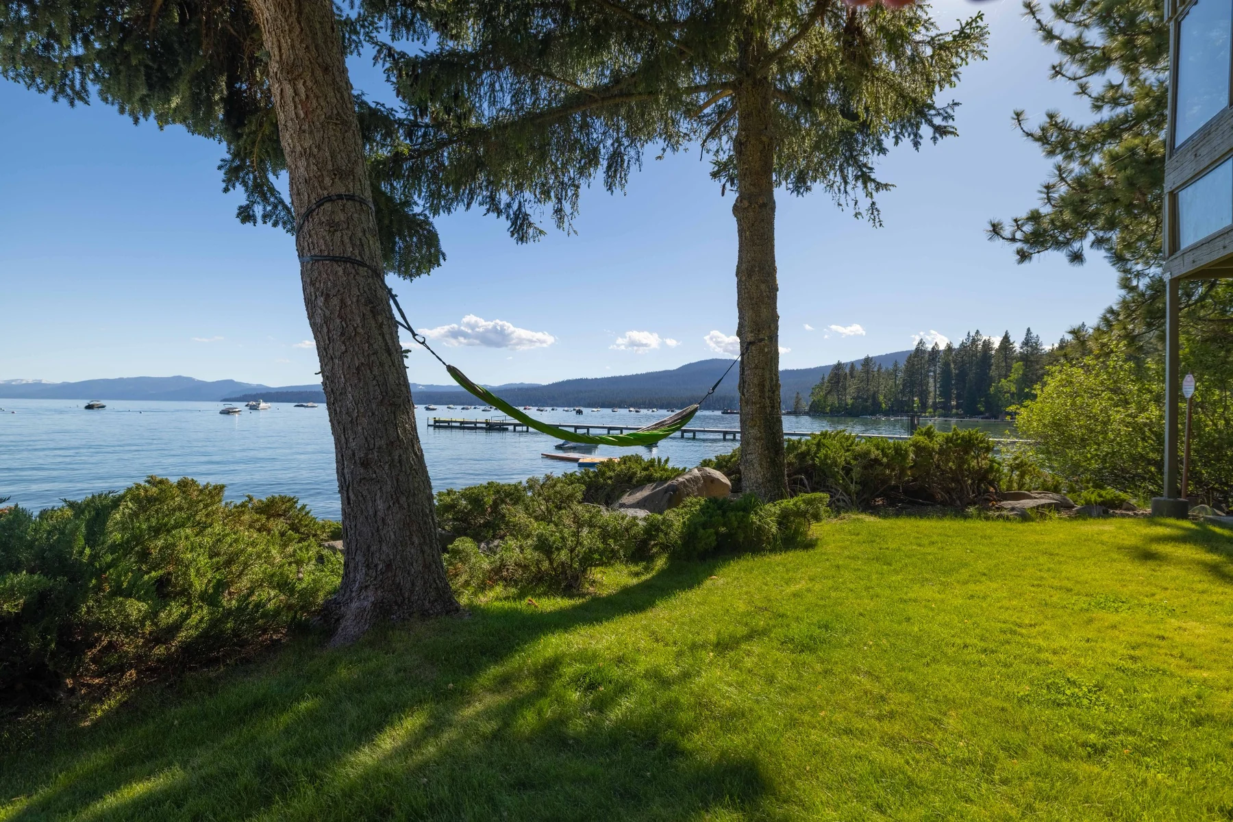 Lakefront lawn with hammock and Tahoe views