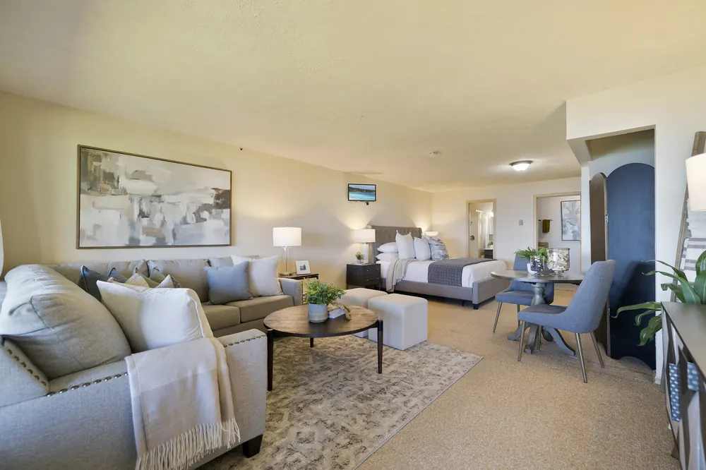 Spacious lower-level great room staged as living, sleeping and dining space
