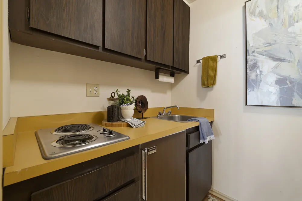 Kitchenette with vintage charm and compact appliances