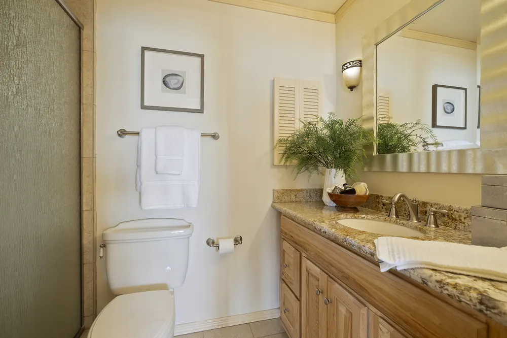 Full bath with granite vanity and walk-in shower