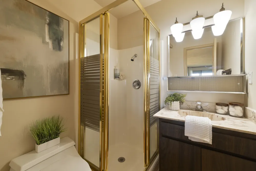 Guest bathroom with gold-framed shower and marble vanity